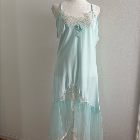 Vintage Baby Blue Satin Lace Chiffon Ethereal Peignoir Slip Nightgown Dress - Picture 3 of 14